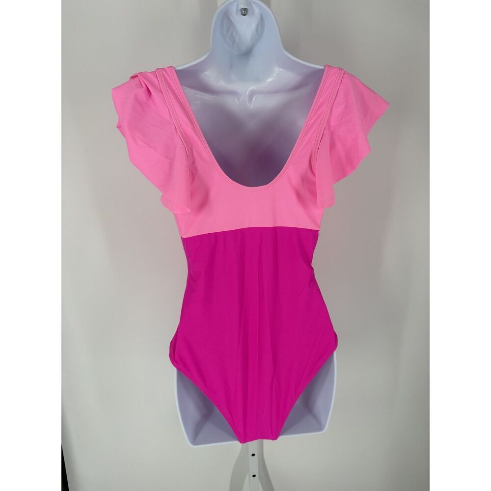 Pink Ombre One-Piece Swimsuit | Ruffle Sleeve V-Neck Cutout Monokini - Picture 4 of 8